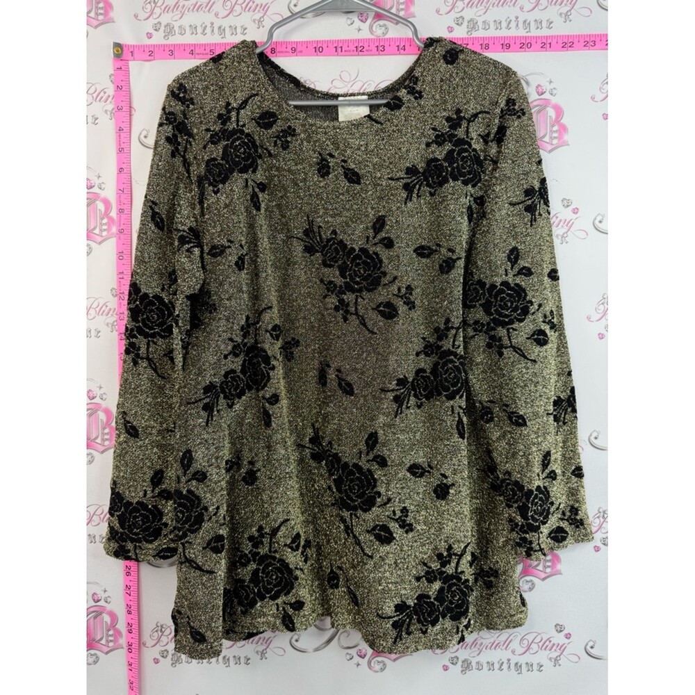 Style studio long sleeve shiny Metallic Gold Floral Burnout Long Sleeve Top